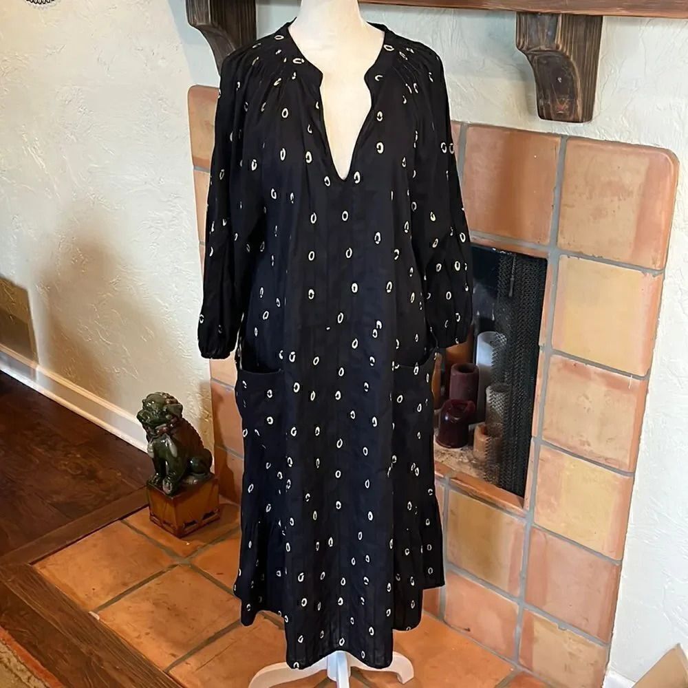 WRAP  London Black and Cream Ballion Sleeve Deep-V Cotton Midi Dress, 6!